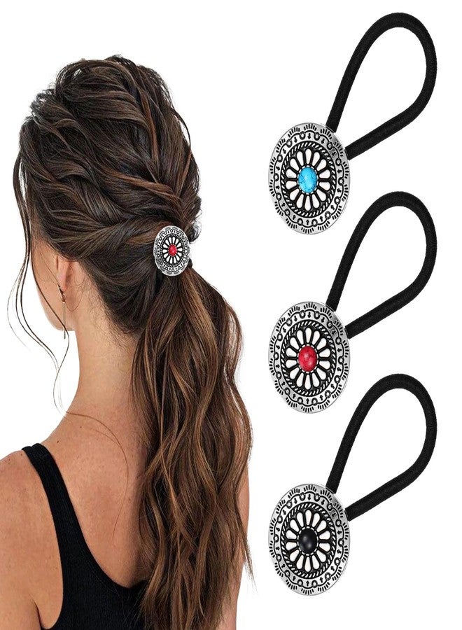 AOZUO 3PCS Western Style Ponytail Holders, Metal Hair Ties Bracelet, Boho Hair Clips Vintage Turquoise Concho Squash Blossom Hair Bands Elastic Hair Cuffs Hair Accessories for Women Girls - Image 1